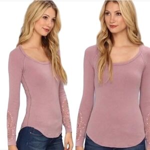 Free People We The Free Synergy Thermal Crochet Cuff Scoop Neck M Pink Mauve